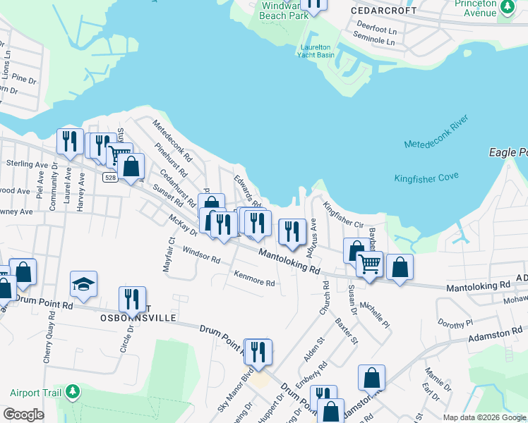 map of restaurants, bars, coffee shops, grocery stores, and more near 25 Hampton Road in Brick Township