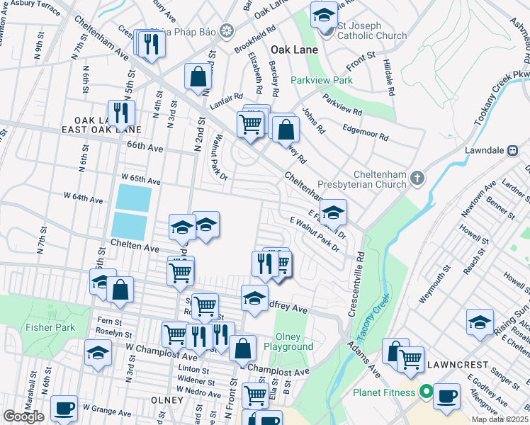 map of restaurants, bars, coffee shops, grocery stores, and more near 6421 North Front Street in Philadelphia