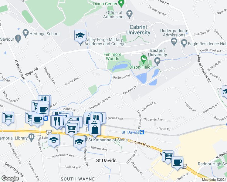 map of restaurants, bars, coffee shops, grocery stores, and more near 309 Chamounix Road in Saint Davids