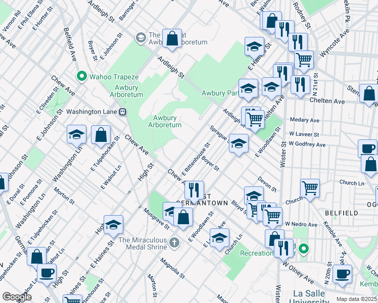 map of restaurants, bars, coffee shops, grocery stores, and more near 846 East Haines Street in Philadelphia