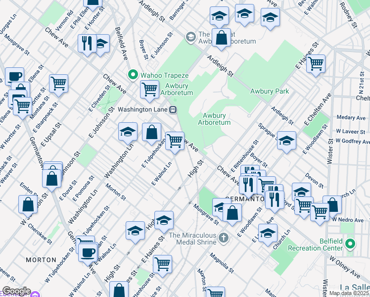 map of restaurants, bars, coffee shops, grocery stores, and more near 542 East Walnut Lane in Philadelphia