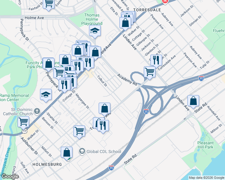 map of restaurants, bars, coffee shops, grocery stores, and more near 4547 Tolbut Street in Philadelphia