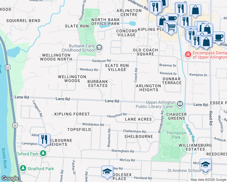 map of restaurants, bars, coffee shops, grocery stores, and more near 4574 Hull Farm Lane in Columbus