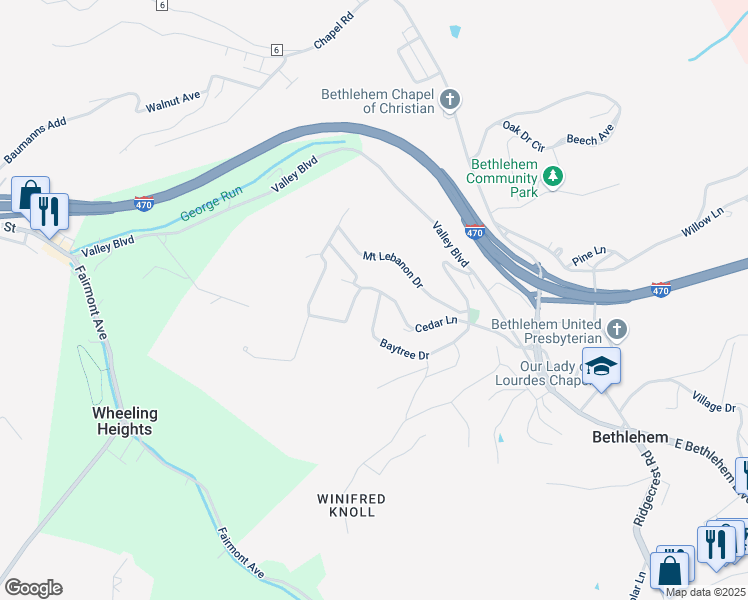 map of restaurants, bars, coffee shops, grocery stores, and more near 51 Baytree Drive in Wheeling