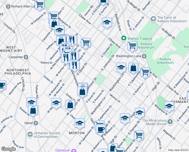 map of restaurants, bars, coffee shops, grocery stores, and more near 119 East Johnson Street in Philadelphia