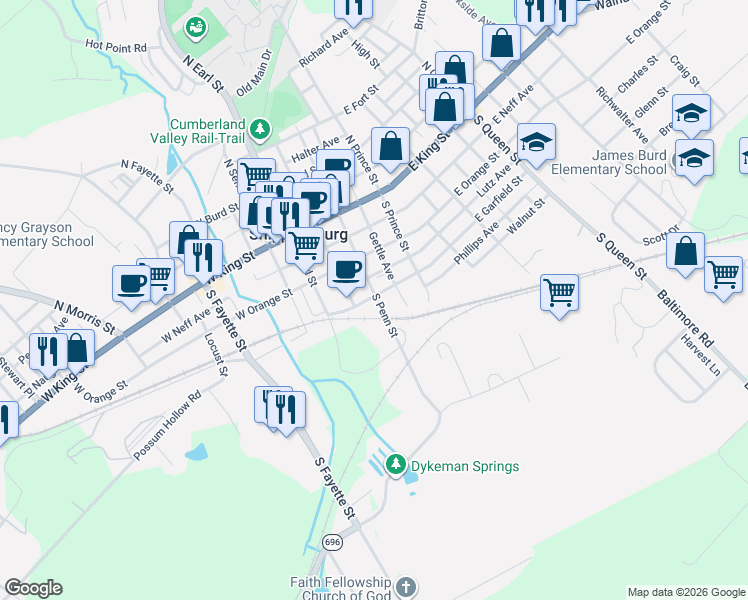 map of restaurants, bars, coffee shops, grocery stores, and more near 200 South Penn Street in Shippensburg