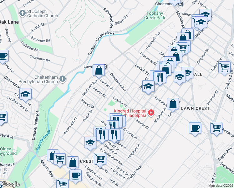 map of restaurants, bars, coffee shops, grocery stores, and more near 305 Lardner Street in Philadelphia