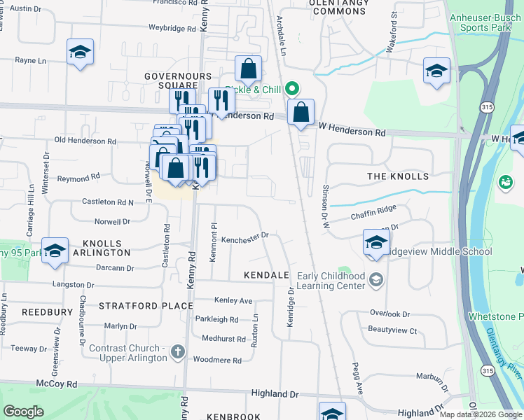map of restaurants, bars, coffee shops, grocery stores, and more near 4384 Kendale Road in Columbus