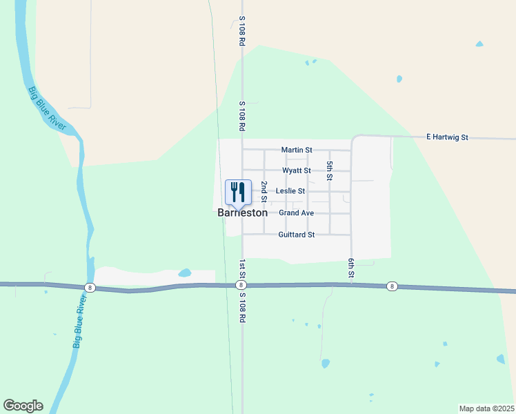 map of restaurants, bars, coffee shops, grocery stores, and more near 110 Grand Avenue in Barneston