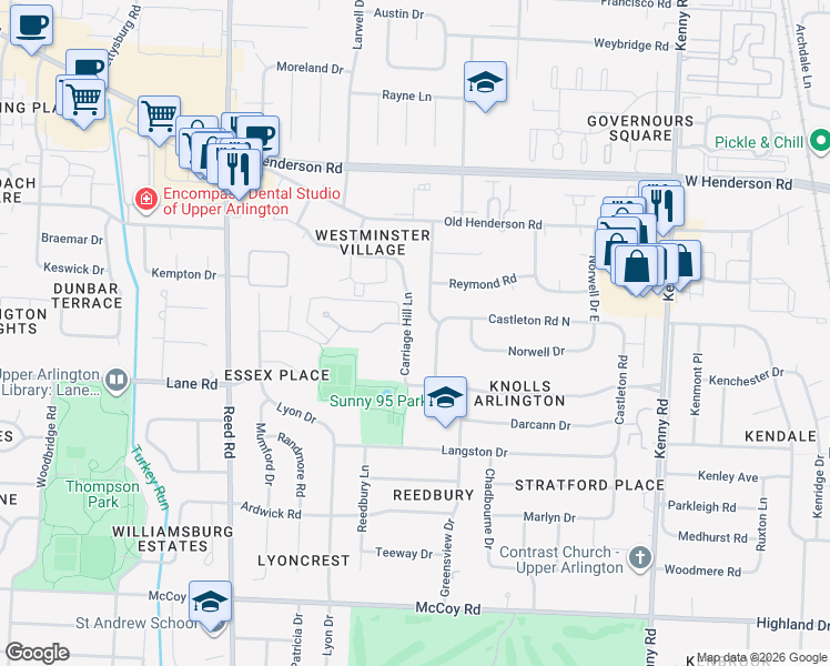 map of restaurants, bars, coffee shops, grocery stores, and more near 4440 Carriage Hill Lane in Columbus