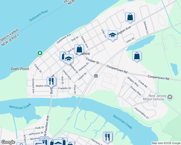 map of restaurants, bars, coffee shops, grocery stores, and more near in Delanco