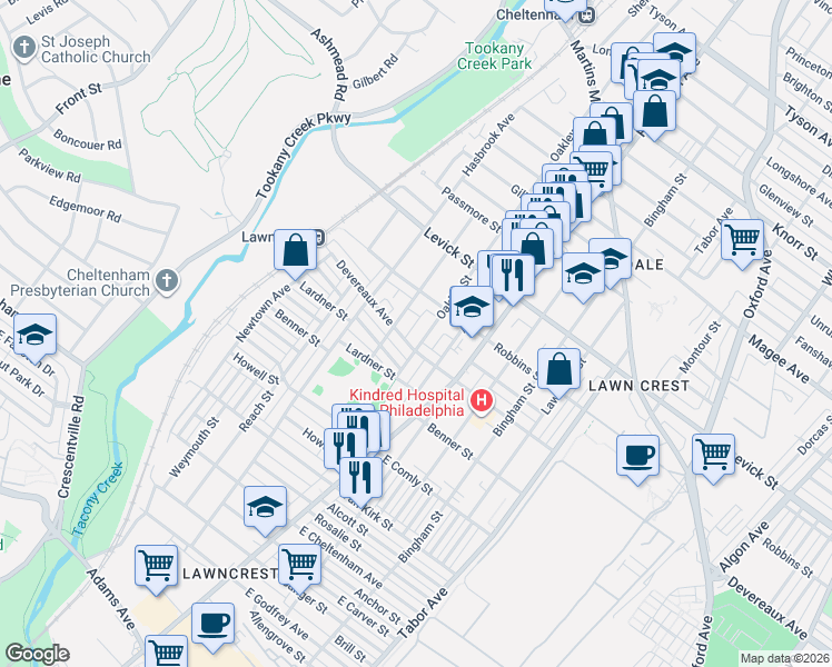 map of restaurants, bars, coffee shops, grocery stores, and more near 6227 Oakley Street in Philadelphia