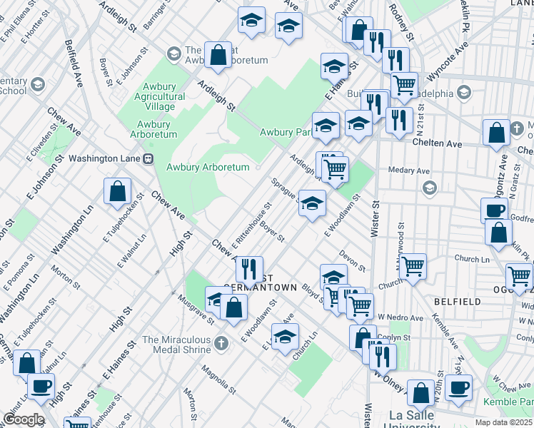 map of restaurants, bars, coffee shops, grocery stores, and more near 910 East Rittenhouse Street in Philadelphia