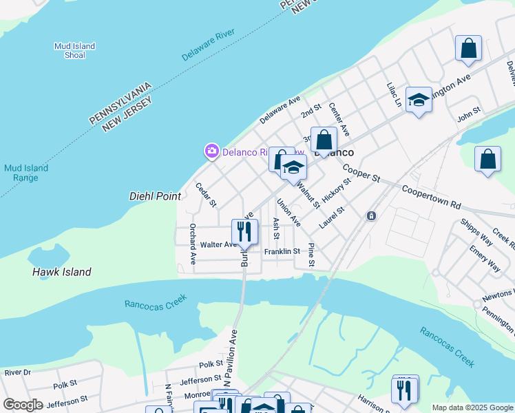 map of restaurants, bars, coffee shops, grocery stores, and more near 516 Burlington Avenue in Delanco