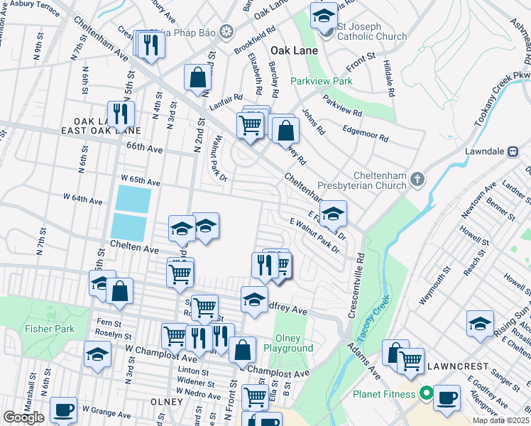 map of restaurants, bars, coffee shops, grocery stores, and more near 6421 North Front Street in Philadelphia