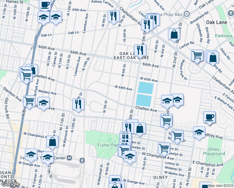 map of restaurants, bars, coffee shops, grocery stores, and more near 6338 North 6th Street in Philadelphia