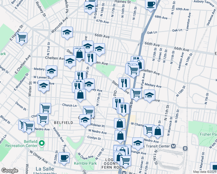 map of restaurants, bars, coffee shops, grocery stores, and more near 6214 North 16th Street in Philadelphia