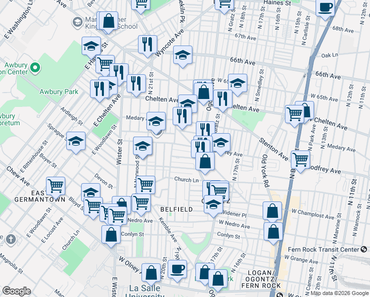 map of restaurants, bars, coffee shops, grocery stores, and more near 1958 West Godfrey Avenue in Philadelphia