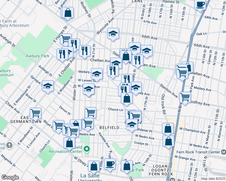 map of restaurants, bars, coffee shops, grocery stores, and more near 1940 West Godfrey Avenue in Philadelphia