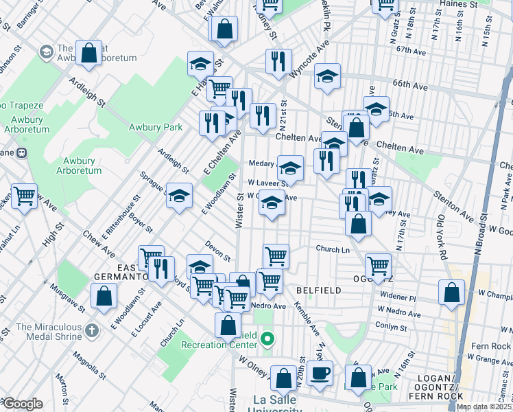 map of restaurants, bars, coffee shops, grocery stores, and more near 6141 North Beechwood Street in Philadelphia