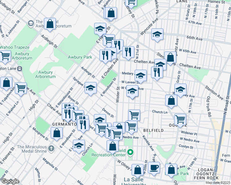 map of restaurants, bars, coffee shops, grocery stores, and more near 5513 Ardleigh Street in Philadelphia