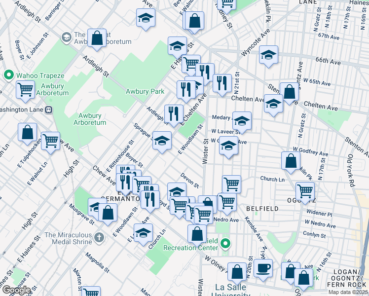 map of restaurants, bars, coffee shops, grocery stores, and more near 5570 Matthews Street in Philadelphia