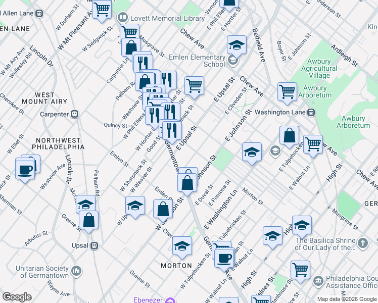 map of restaurants, bars, coffee shops, grocery stores, and more near 100 East Cliveden Street in Philadelphia
