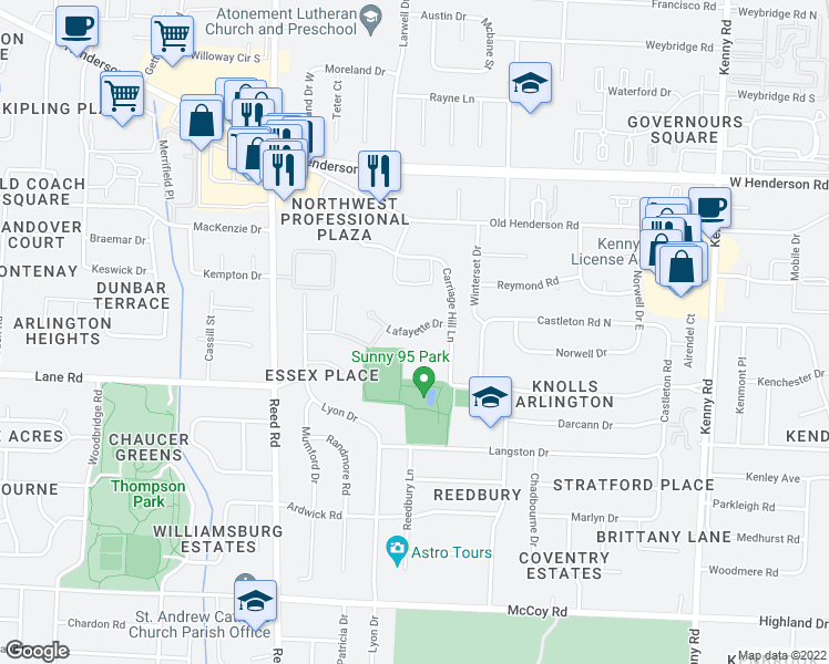 map of restaurants, bars, coffee shops, grocery stores, and more near 1449 Lafayette Drive in Upper Arlington