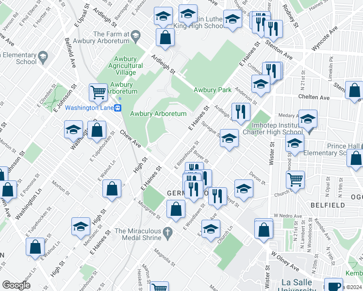 map of restaurants, bars, coffee shops, grocery stores, and more near 846 East Haines Street in Philadelphia
