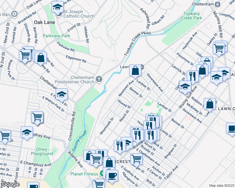 map of restaurants, bars, coffee shops, grocery stores, and more near 5978 Newtown Avenue in Philadelphia