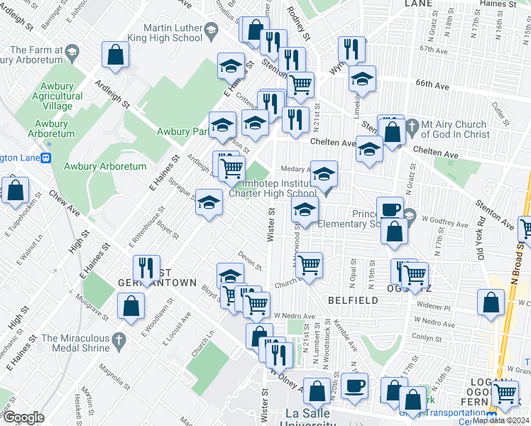 map of restaurants, bars, coffee shops, grocery stores, and more near 5515 Ardleigh Street in Philadelphia