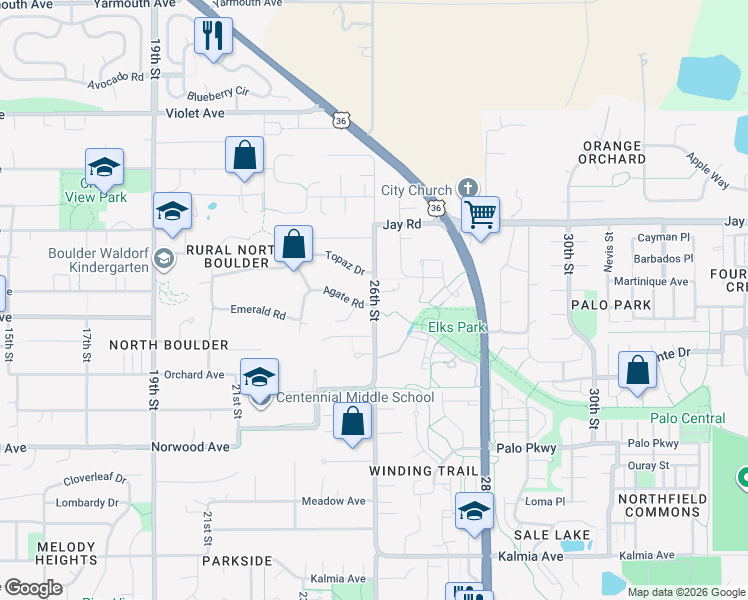 map of restaurants, bars, coffee shops, grocery stores, and more near 2505 Agate Road in Boulder