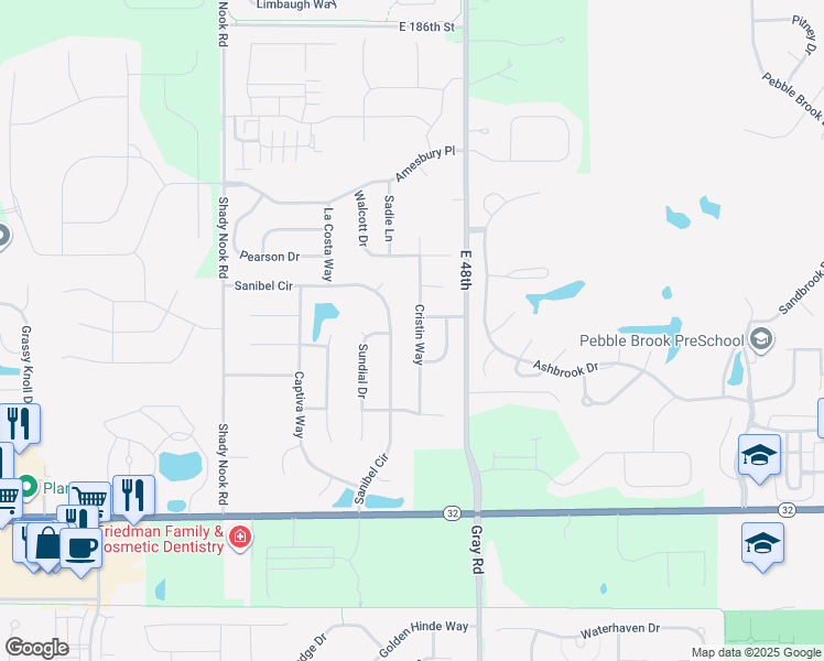 map of restaurants, bars, coffee shops, grocery stores, and more near 17940 Cristin Way in Noblesville