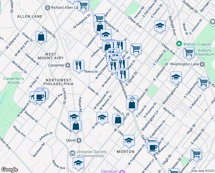 map of restaurants, bars, coffee shops, grocery stores, and more near 61 Good Street in Philadelphia