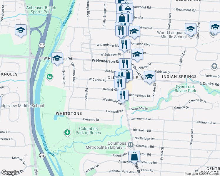 map of restaurants, bars, coffee shops, grocery stores, and more near 62 Deland Avenue in Columbus