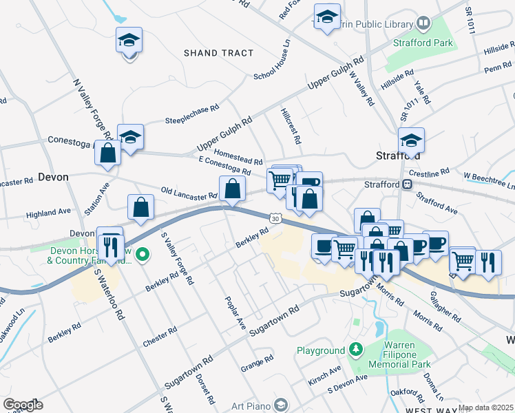map of restaurants, bars, coffee shops, grocery stores, and more near 851 West Lancaster Avenue in Devon