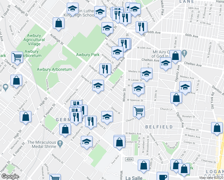 map of restaurants, bars, coffee shops, grocery stores, and more near 5570 Matthews Street in Philadelphia