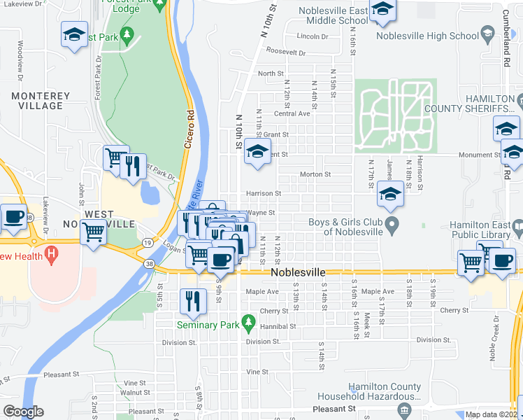 map of restaurants, bars, coffee shops, grocery stores, and more near 306 North 11th Street in Noblesville