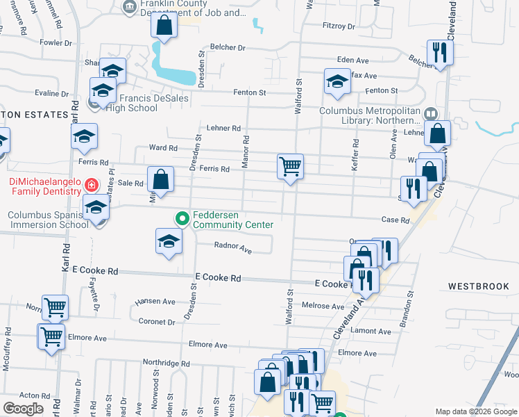 map of restaurants, bars, coffee shops, grocery stores, and more near 1910 Case Road in Columbus
