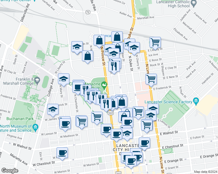 map of restaurants, bars, coffee shops, grocery stores, and more near 48 West New Street in Lancaster