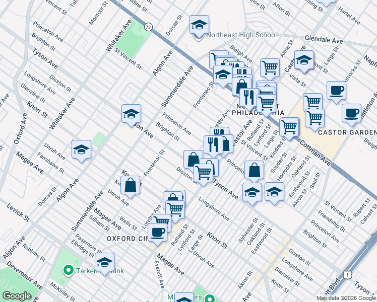 map of restaurants, bars, coffee shops, grocery stores, and more near 1332 Brighton Street in Philadelphia