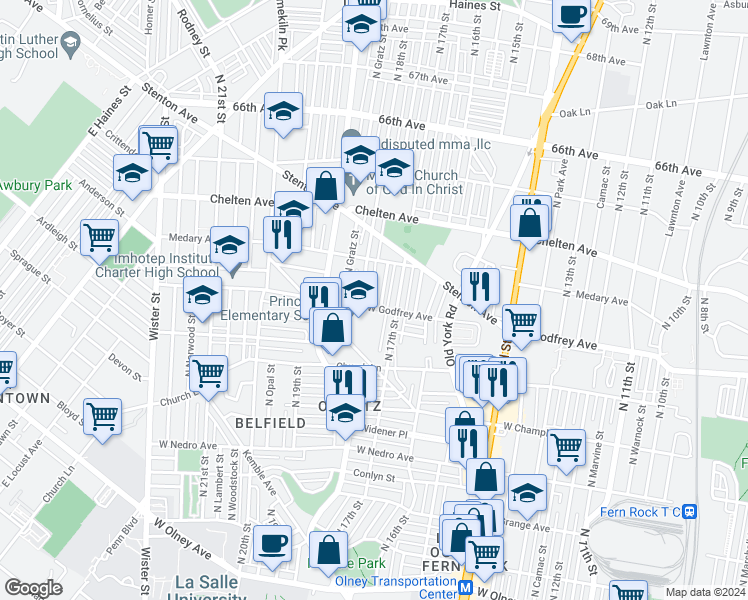 map of restaurants, bars, coffee shops, grocery stores, and more near 1775 West Godfrey Avenue in Philadelphia