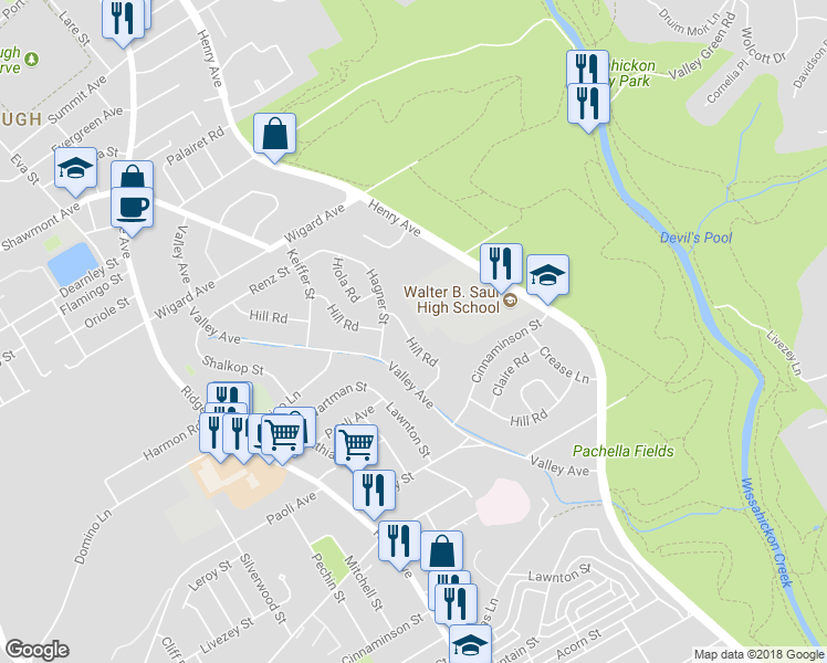 map of restaurants, bars, coffee shops, grocery stores, and more near 7247 Hill Road in Philadelphia
