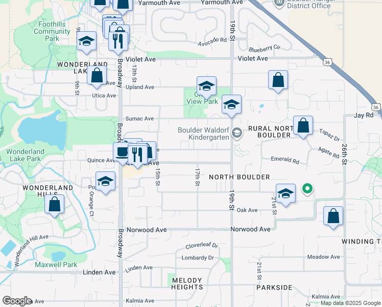map of restaurants, bars, coffee shops, grocery stores, and more near 1694 Redwood Avenue in Boulder