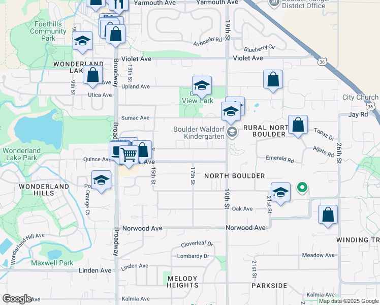map of restaurants, bars, coffee shops, grocery stores, and more near 1694 Redwood Avenue in Boulder