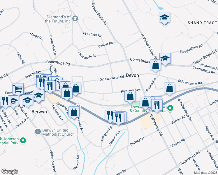 map of restaurants, bars, coffee shops, grocery stores, and more near 108 North Fairfield Road in Devon