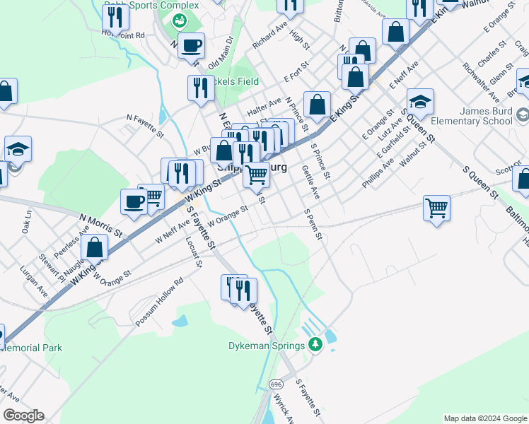 map of restaurants, bars, coffee shops, grocery stores, and more near 120 South Earl Street in Shippensburg