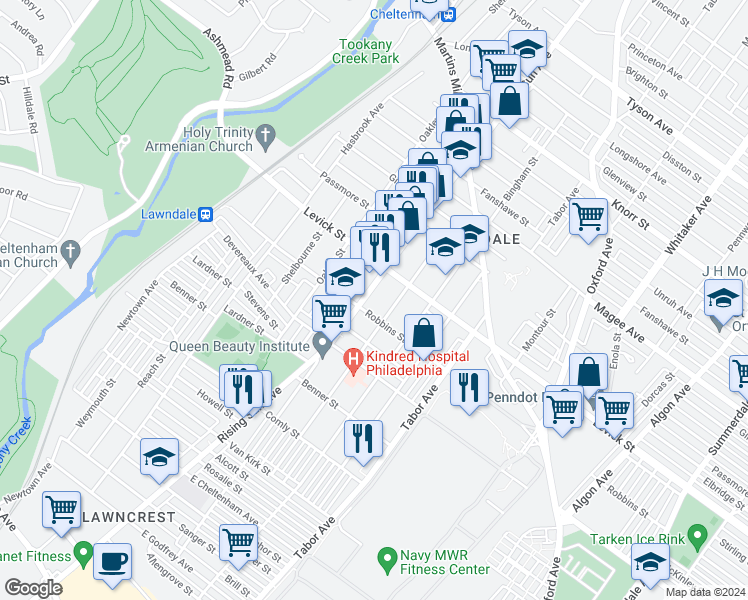 map of restaurants, bars, coffee shops, grocery stores, and more near 6313 Rising Sun Avenue in Philadelphia
