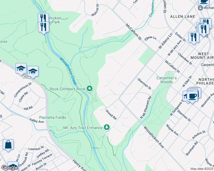 map of restaurants, bars, coffee shops, grocery stores, and more near 1352 Saint Georges Road in Philadelphia