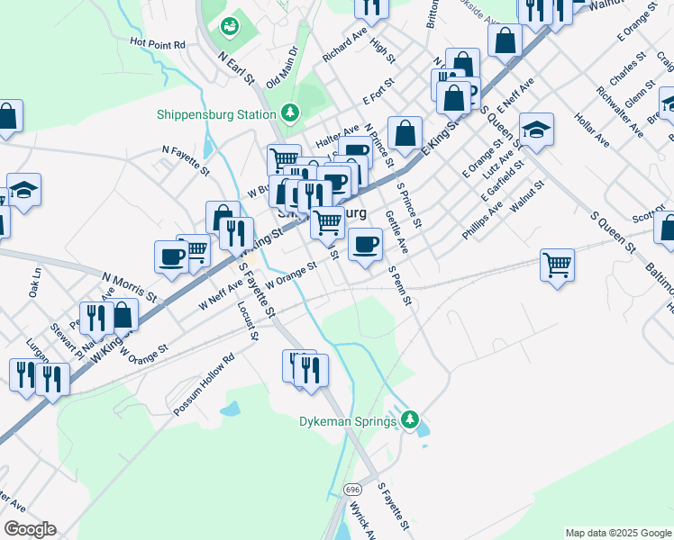 map of restaurants, bars, coffee shops, grocery stores, and more near 120 South Earl Street in Shippensburg